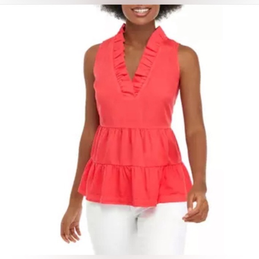 Crown & Ivy Ruffle Neck Sleeveless Tiered Blouse Top Coral Size Large